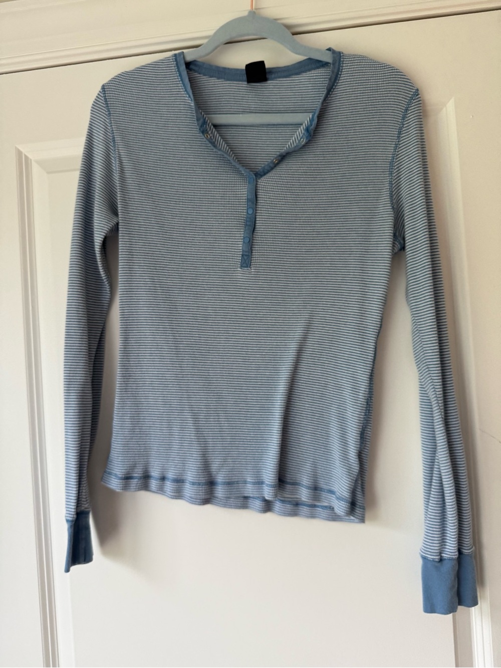 Gap Light Blue Striped Long-Sleeve Henley Top, Large
